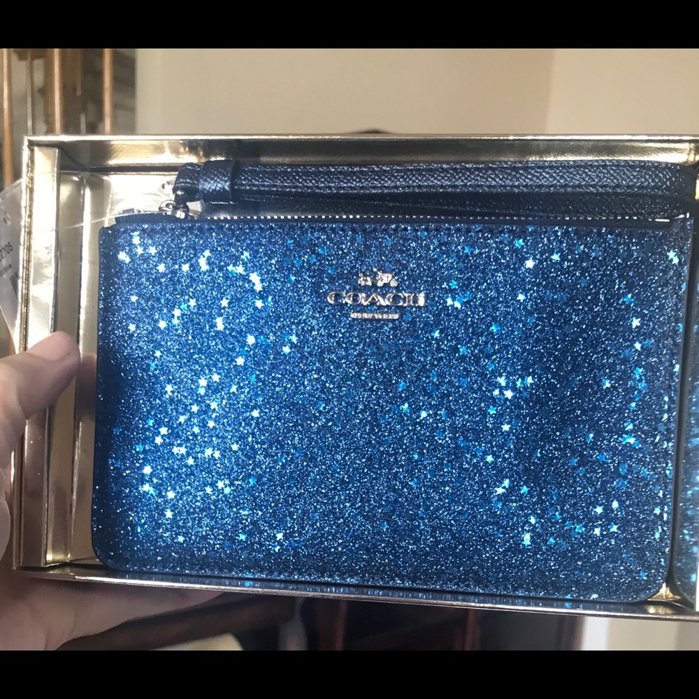 NEW Coach Blue Glitter wristlet clutch